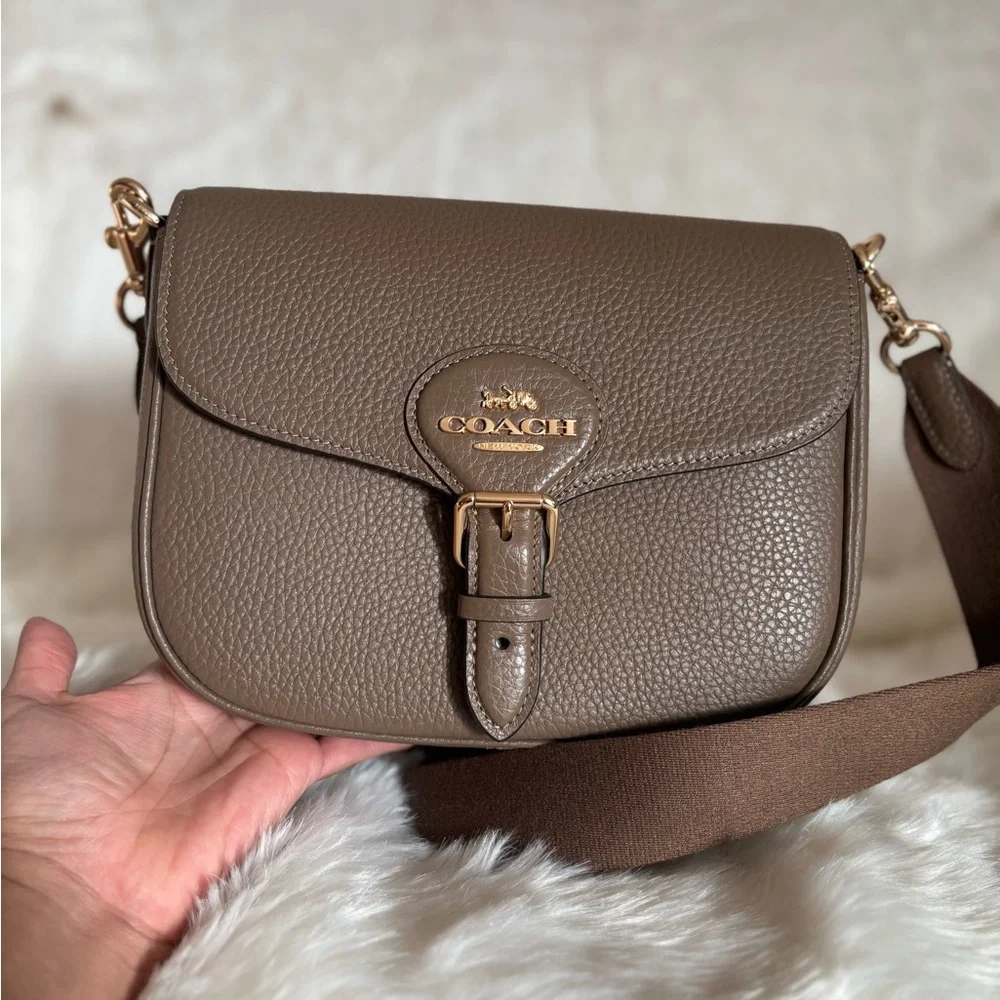 Coach Taupe Pebbled Leather Flap Crossbody with Gold Hardware